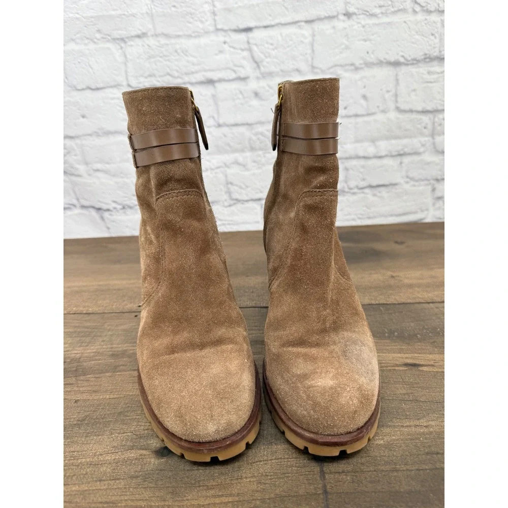 Tory Burch Leigh Brown Suede Double T Logo Lug Sole Ankle Boots 8.5M